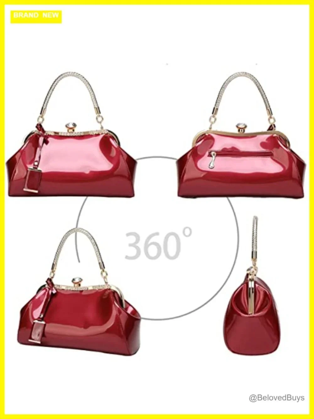 Women's Glossy Faux Patent Leather Top Handle Satchel Handbag with Crystal,